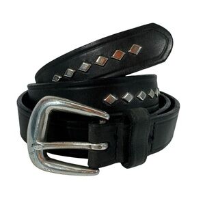 Genuine Leather Studded Belt Womens 36 Black Classic Casual Edgy Brass Buckle
